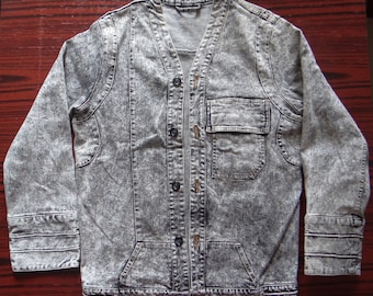 Rare SHANTII Japan Stone Wash Denim Jacket Grey and White Tone Button-up V Neck Long Sleeve Simple Coat Japanese Designer Jean 90s
