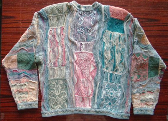 Vtg Coogi Pastel Rococo Geometric Brick Pattern Sweater Cardigan