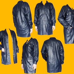 May include: Seven black leather jackets with long sleeves and button closures. The jackets have a variety of styles, including a classic trench coat style, a more casual bomber jacket style, and a more fitted style.