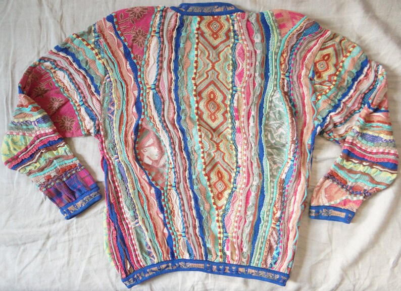 Rare Coogi Human Face Horse Flower Animal Vaporwave Pattern Multicolor Pastel Neon 3D knit Jumper Sweater Cardigan Jacket 90s 1990s Vintage image 2