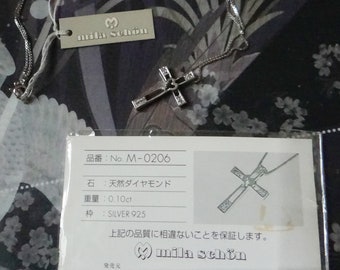Mila Schon 0.10ct Natural Diamond 925 Silver Small Cross Pendant Necklace SV925 Rare Unique Vintage Jewelry Japan Official Certificate Card