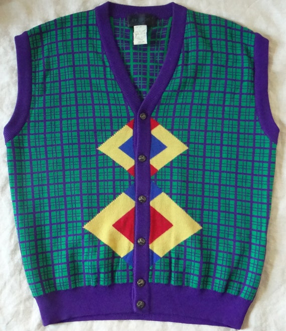 90s Gianni Versace ISTANTE Vest Plaid Woolen Button-up Purple 