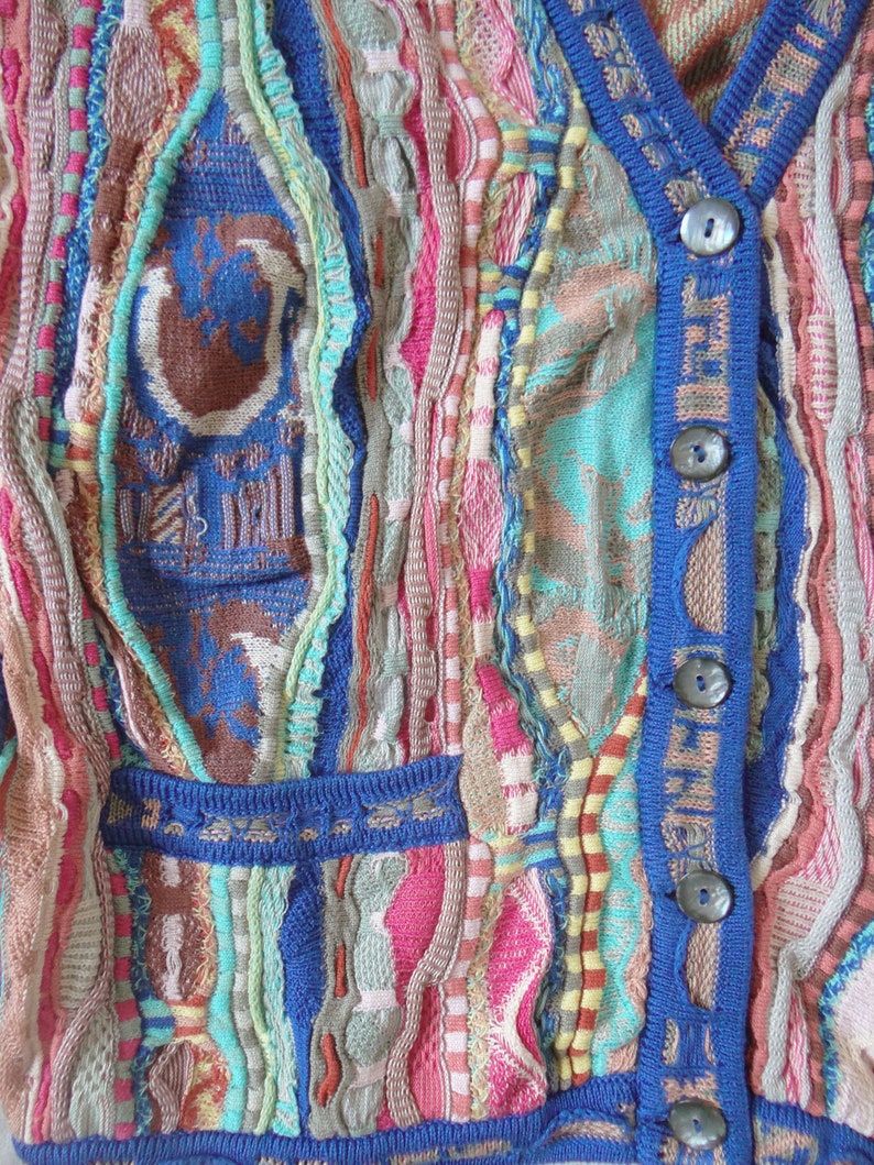 Rare Coogi Human Face Horse Flower Animal Vaporwave Pattern Multicolor Pastel Neon 3D knit Jumper Sweater Cardigan Jacket 90s 1990s Vintage image 5