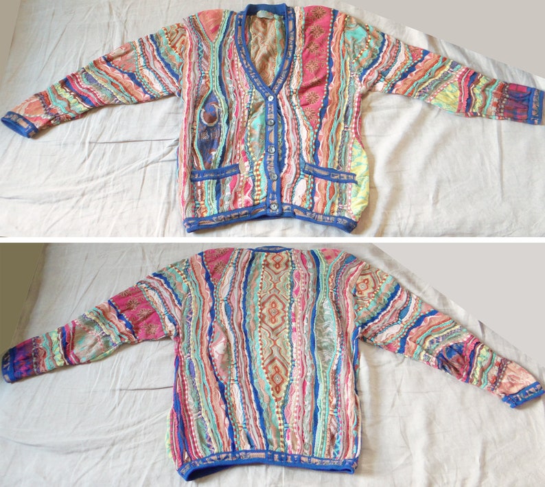 Rare Coogi Human Face Horse Flower Animal Vaporwave Pattern Multicolor Pastel Neon 3D knit Jumper Sweater Cardigan Jacket 90s 1990s Vintage image 10