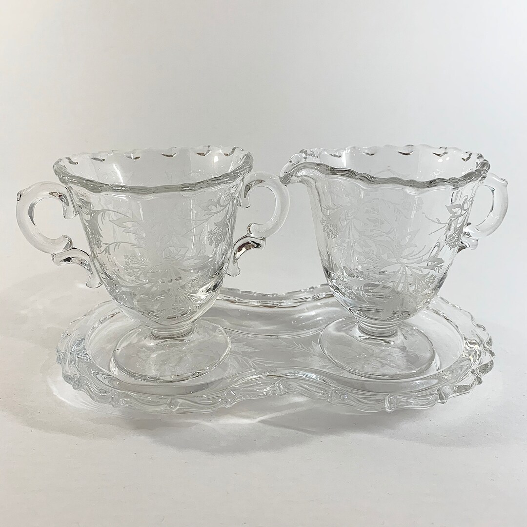 Etched Crystal Cream, Sugar, and Tray Set Midcentury Glass Tea