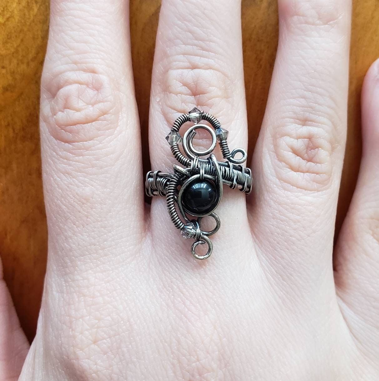 Sterling Silver, Obsidian, Swarovski Crystal, Wire Wrap Sterling Silver, Obsidian, Swarovski Crystal, Wire Wrap