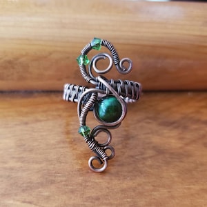 Copper ring, wire wrap, wire weave, cats eye ring, swarovski crystal, steampunk ring, goth jewelry, goth ring, steampunk jewelry