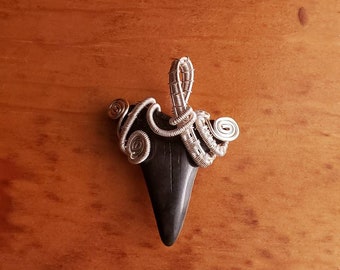 Shark tooth, wire wrap, wire weave, necklace, pendant, silver plated, hand made, one of a kind