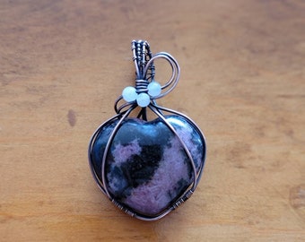 Rhodonite, heart shaped, copper, wire wrap, wire woven, stone, necklace,  steampunk, goth, boho, hippie, jewelry