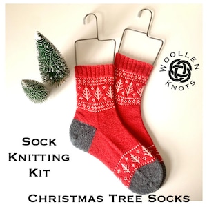 SOCK KNITTING KIT : Red or Green Options Christmas Tree Socks Knitting Kit Craft Kit Yarn Kit