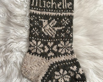 2026 Personalised DOVE - Large Heirloom Christmas Stocking Donegal Wool  *Various Colours (other designs available)