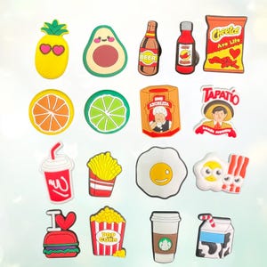Shoe Charm Set Bacon Egg Coffee Milk Pineapple Avocado Lime Hot Sauce Latino Snack Chicken Nugget Coke Fries Burger Popcorn Food Shoe Charm