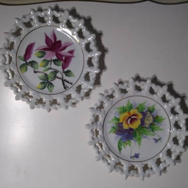 Vintage Set of 2 Hand Painted Floral Decorative Plates, Reticulated Edge