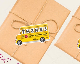 Wheels on the Bus Gift Tag, Cute Yellow School Bus Thank You Tag, Birthday Party Printable, Instant Download, PDF Editable Birthday TQ Tag