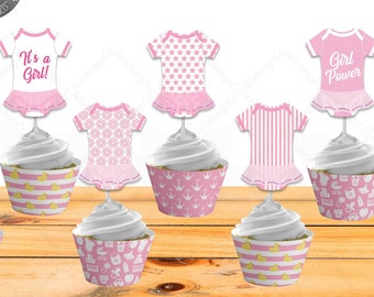 Lindo tutu rosa Romper Cupcake Topper, Baby Shower Cupcake Wrapper, Baby Girl Printable Toppers, Pink Romper con Tutu Cutout Topper