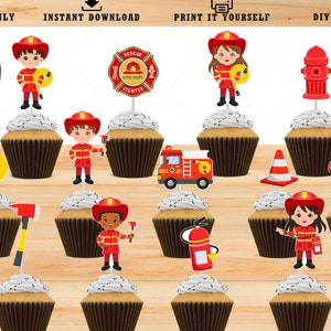 May include: Printable cupcake toppers featuring a fire truck, fire hydrant, fire hose, axe, fire extinguisher, flames, and firefighters wearing red uniforms and helmets. The toppers are designed for a fire-themed party.