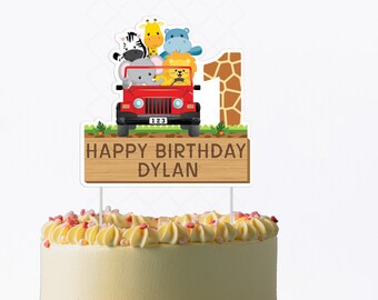 Safari Animals on Jeep Birthday Cake Topper, Jungle Animals Birthday Cake Decor, Printable Topper, Safari Animal Theme DIY Birthday Party