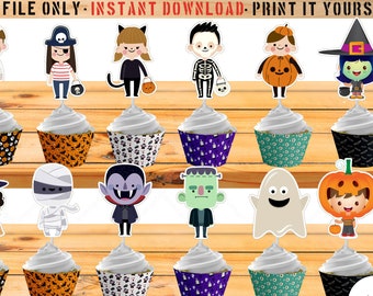 Halloween Cupcake Topper, Halloween Cupcake Wrapper, Printable Toppers, Party Favors, Party Printable, Trick or Treat, Cutout topper