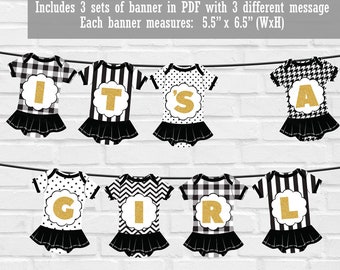 Baby Shower Flag Banner, Cute Black & White Tutu Romper Flag Bunting, It's a Girl Flag Banner, Welcome Baby Flag Garland,Baby Girl Printable