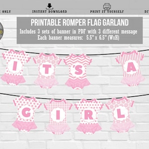 Baby Shower Flag Banner,  Cute Pink Tutu Romper Flag Bunting, It&#39;s a Girl Flag Banner, Welcome Baby Flag Garland,  Baby Girl Party Printable