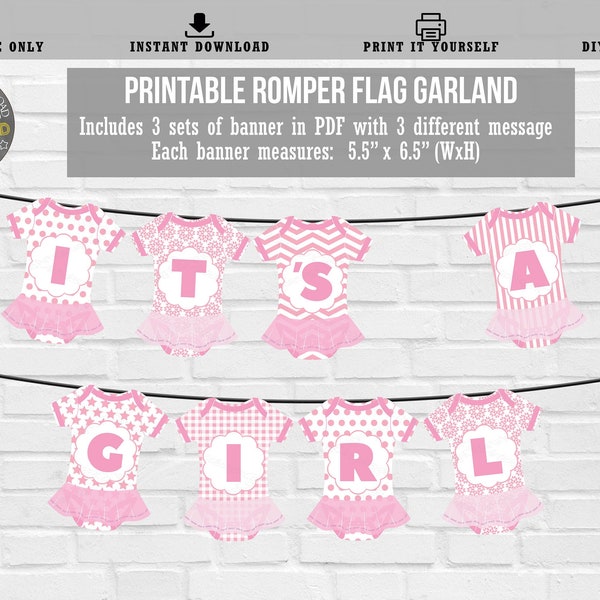 Baby Shower Flag Banner,  Cute Pink Tutu Romper Flag Bunting, It's a Girl Flag Banner, Welcome Baby Flag Garland,  Baby Girl Party Printable