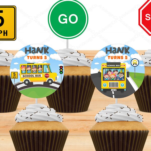 Wheels on the Bus Cupcake Topper, Cute Yellow School Bus Sticker, Birthday Party Printable Toppers, Party Favors, 2 inch, Digital Printable