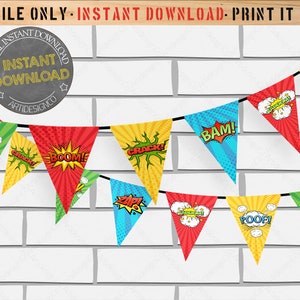 Comic Book Superhero Flag Banner | Superheroes Flag Bunting | Superhero Party Printable | Instant Download | Triangle Flag Bunting