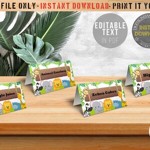 EDITABLE Safari Animals Tent Card | Jungle Animals  Food Label | Party Favors | Party Printable | Instant Download | Name Label|Editable PDF