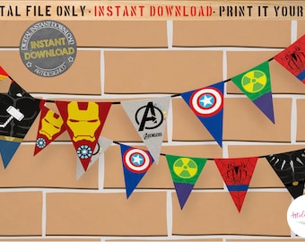 Bandera de guerra de superhéroes, Bunting de bandera de superhéroes, fiesta de superhéroes imprimible, descarga instantánea, barra de bandera triangular, decoración de cumpleaños
