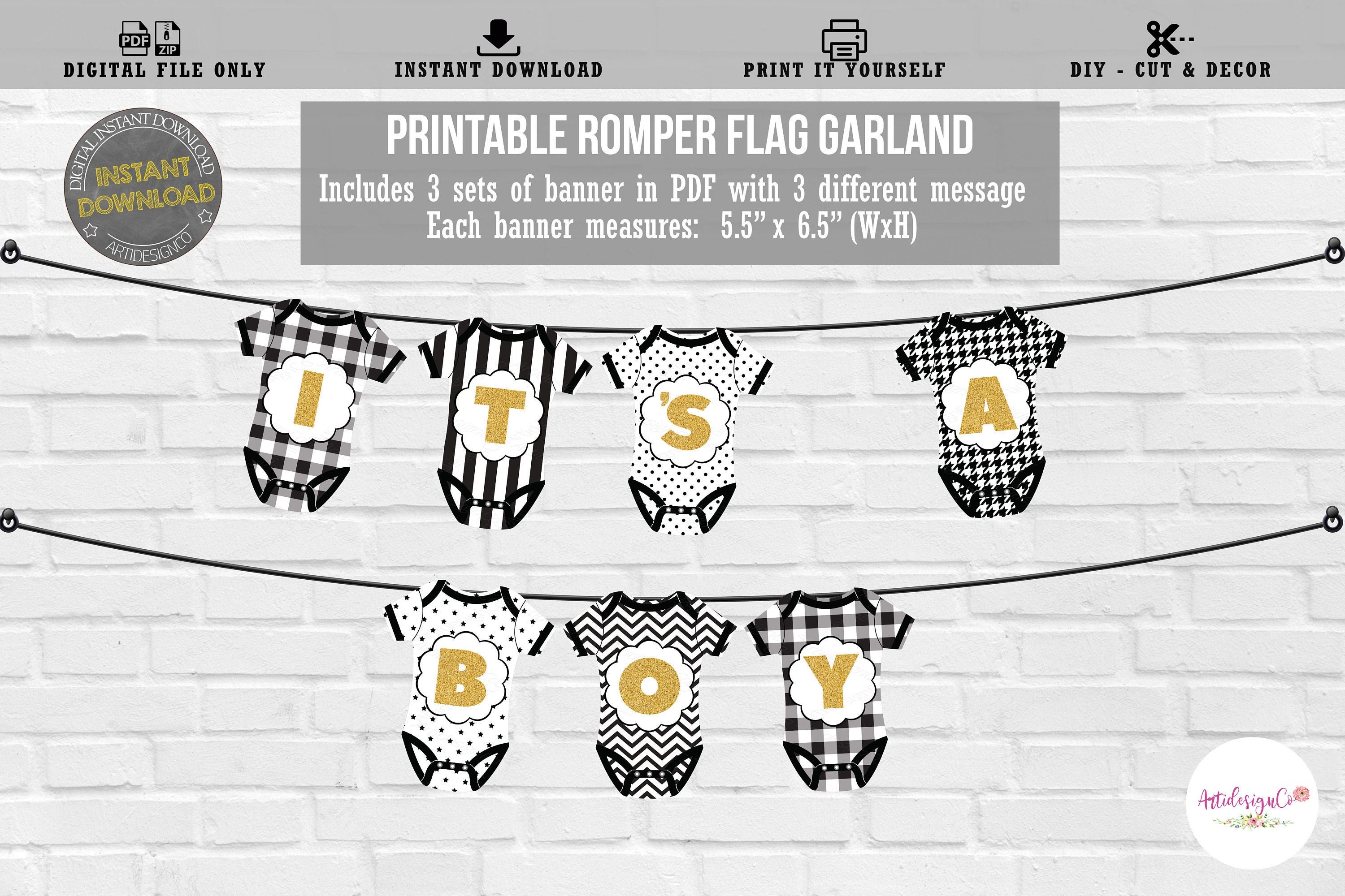 Baby Shower Flag Banner Cute Black &amp; White Romper Flag | Etsy
