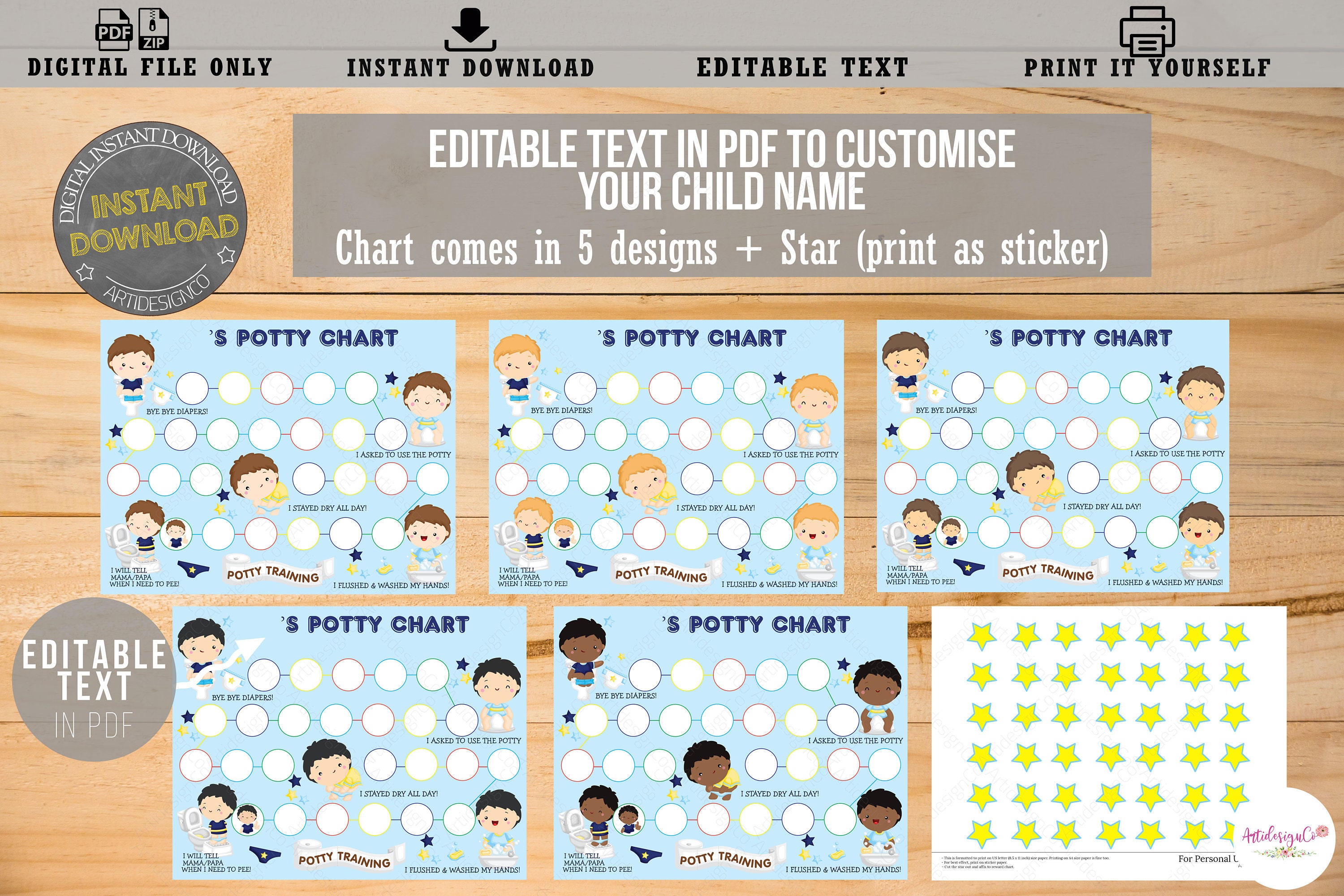 PRINTABLE Potty Training Reward Chart for Boys, Children Toilet ...