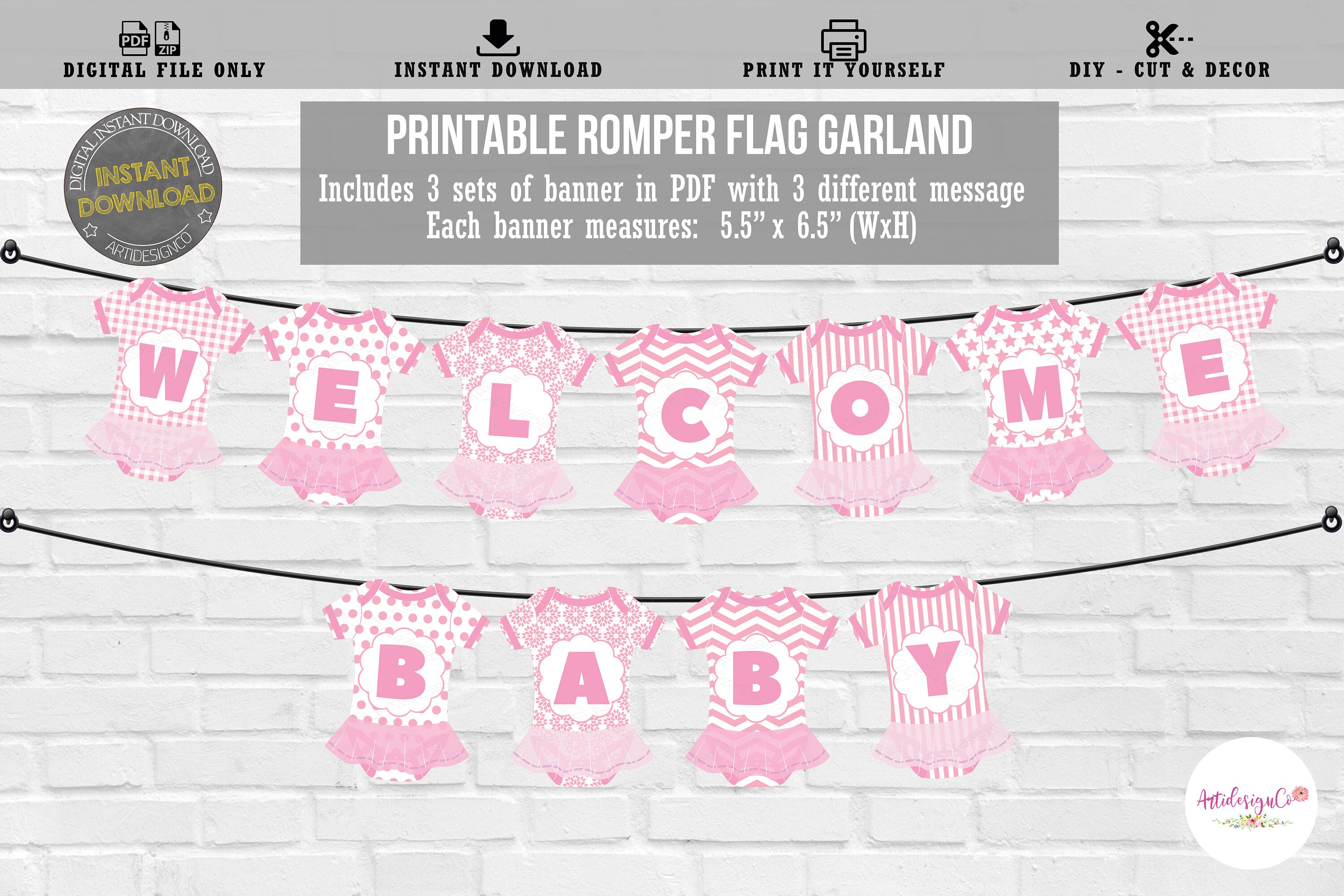 Baby Shower Flag Banner, Cute Pink Tutu Romper Flag Bunting, It's a ...