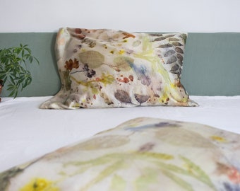 Silk Pillowcase, Plant Dyed Dyed Pillow Cover, Anti Wrinkle Satin Handmade Pillow Case, Floral Print Pillow Case, Luxury Silk Gift for Her