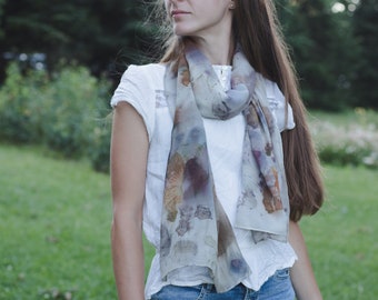 Chiffon Silk Scarf, See Trough Scarf, Silk Scarf, Woman Scarf, One of a Kind Gift, Eco Print Scarf, Naturally Dyed with Botanical Print
