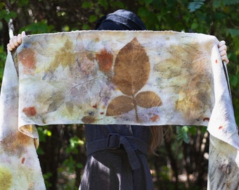 Felted Wool Scarf, All Natural Eco Printed Scarf, Naturally Dyed Unisex Scarf, Scarf Botanical Print, Elegant Winter Scarf, Gift for Her