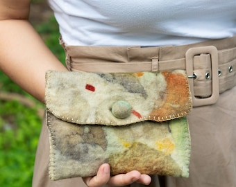 Felted Pouch Purse with Two Pockets, Naturally Dyed Wool Pouch, Small Clutch, Hand Sewn Felted Wool Wallet, Unique Gift