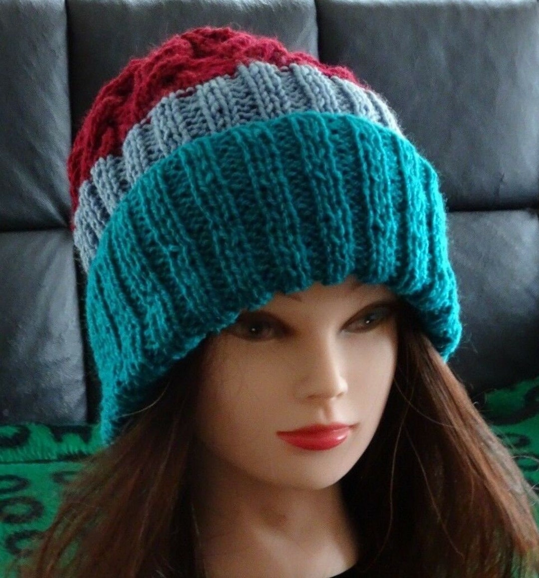 Hand Knitted Women Beanie Multi Color Wide Stripe Hand Made Warm Winter