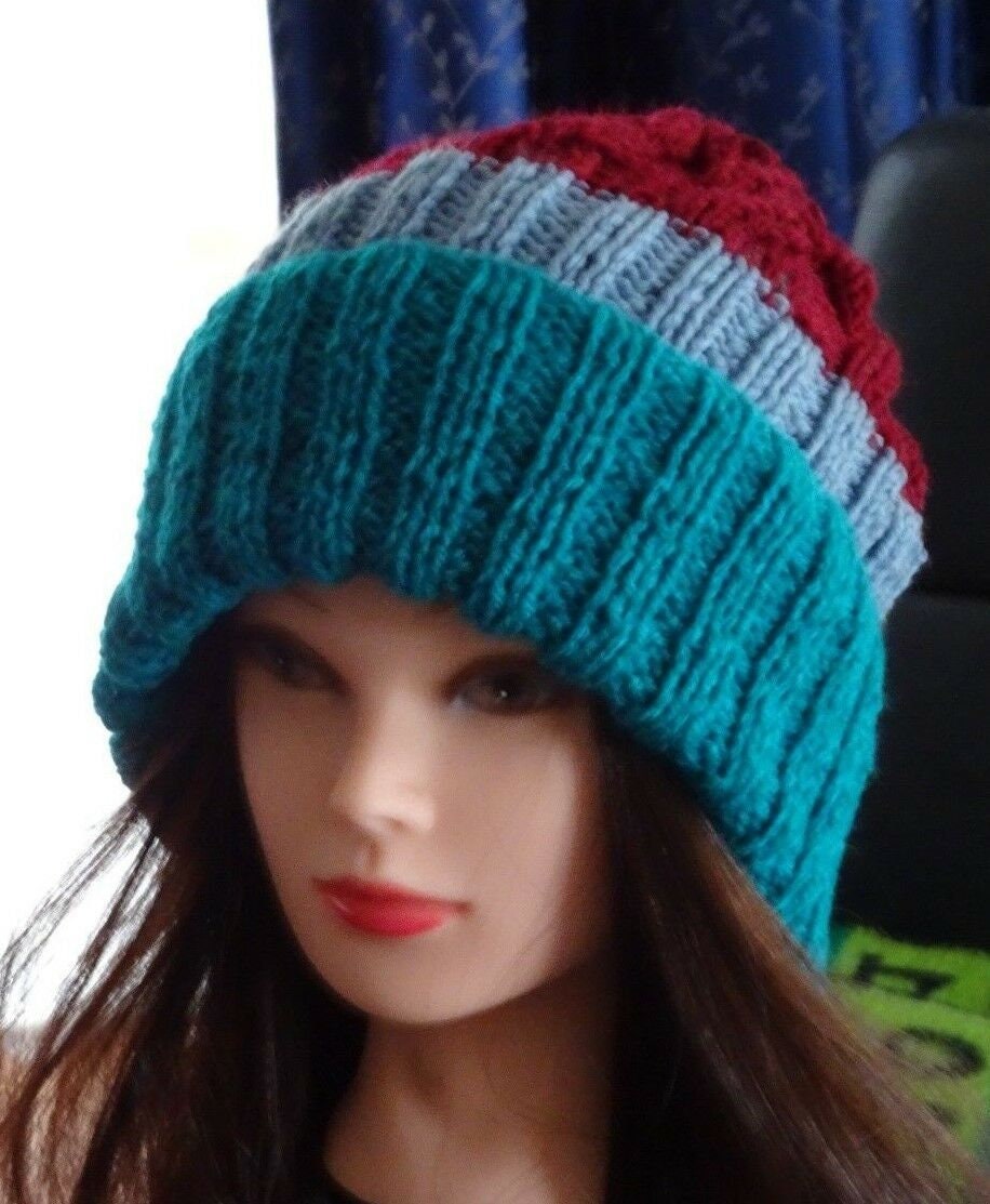 Hand Knitted Women Beanie Multi Color Wide Stripe Hand Made Warm Winter