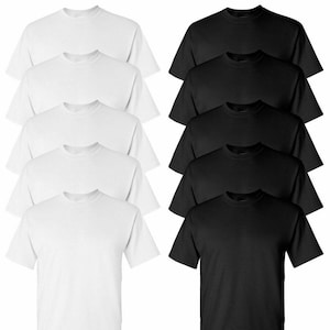 May include: A collection of white and black crew neck t-shirts. The shirts are short-sleeved and made of a plain, solid-colored material. The shirts are neatly stacked, showcasing the basic design and color options.