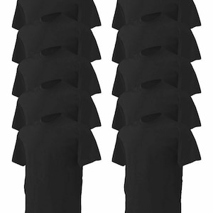 May include: A collection of ten black crew neck t-shirts. The shirts are neatly stacked, showcasing the short sleeves and simple design. The fabric appears to be a medium weight cotton blend, suitable for casual wear.