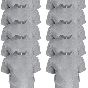 May include: A collection of ten heather gray crew neck t-shirts. Each short-sleeved shirt is neatly folded, showcasing the neckline and shoulders. The shirts are arranged in two columns of five, providing a clear view of the apparel.