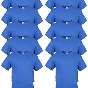 May include: A collection of ten royal blue crew neck t-shirts. The shirts are neatly folded and stacked, showcasing the short sleeves and classic design. The image highlights the solid color and simple style of the apparel.