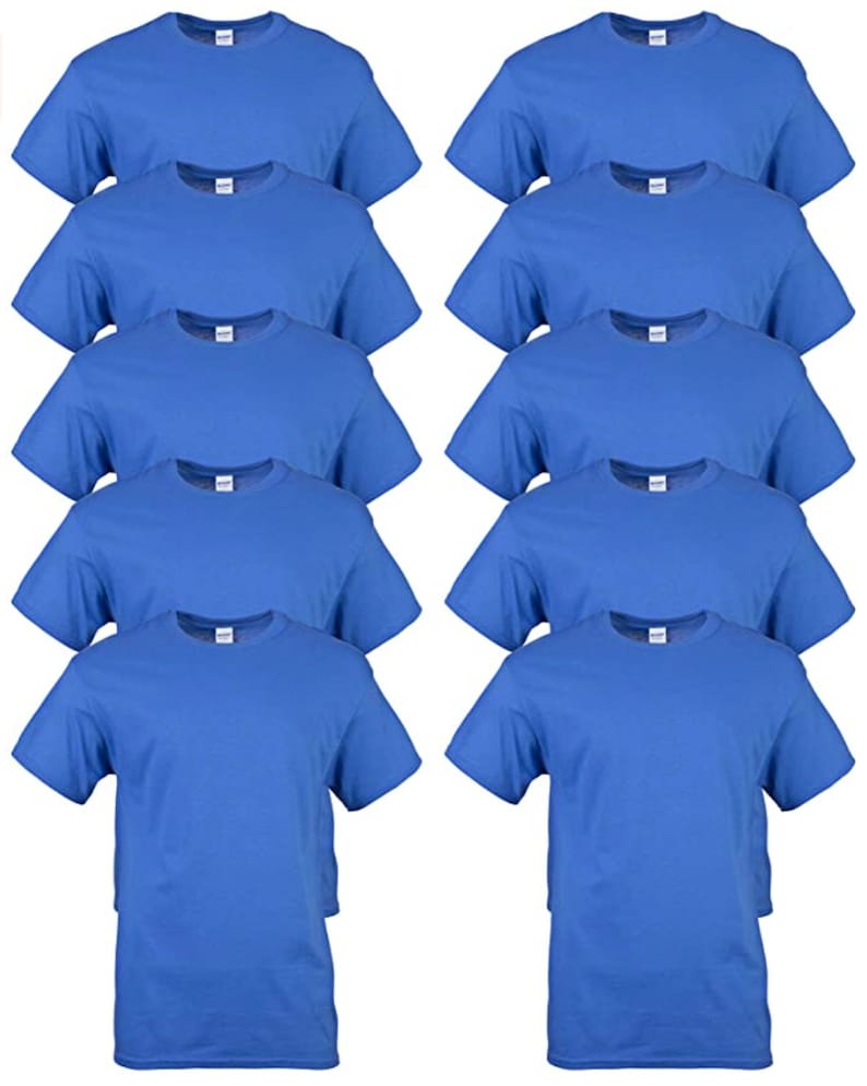 May include: A collection of ten royal blue crew neck t-shirts. The shirts are neatly folded and stacked, showcasing the short sleeves and classic design. The image highlights the solid color and simple style of the apparel.