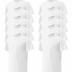 May include: A collection of ten white crew neck t-shirts. The shirts are neatly stacked in two columns of five, showcasing the simple design and clean aesthetic of the basic apparel.