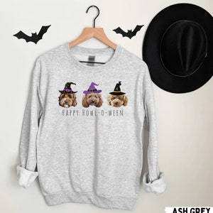 Puede incluir: Sudadera gris ceniza con tres caras de perro con sombreros de bruja y el texto "HAPPY HOWL-O-WEEN". Un sombrero negro y decoraciones de murciélagos están en el fondo. La sudadera está colgada en una percha de madera.