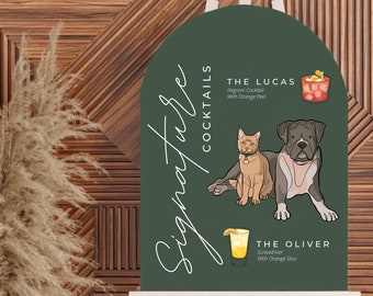 Custom Digital Pet Portrait Wedding Sign, Personalized Modern Cocktail Bar Sign, Dog of Honor, Minimalist Signature Drink, Pet Wedding Decor