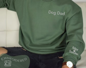 Custom Embroidered Dog Dad Crewneck Sweatshirt, Dog Mom Gift, Cat Mom, Personalized Embroidery Pet Sweatshirt Names On Sleeve, Pet Lover