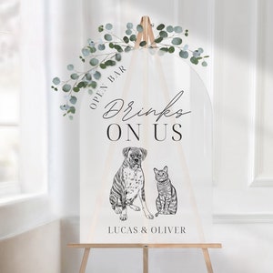 Benutzerdefiniertes digitales Haustier Portrait Hochzeit Zeichen, personalisiertes Open Bar Zeichen, Ehrenhund, Signatur Haustier trinken Zeichen, Haustier Portrait Hochzeit Dekor