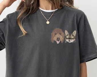 Custom EMBROIDERED Pet Portrait Comfort Colors T-Shirt,Custom Dog Mom Gift, Cat Mom,Personalized Pet Memorial,Personalized Pet Embroidery