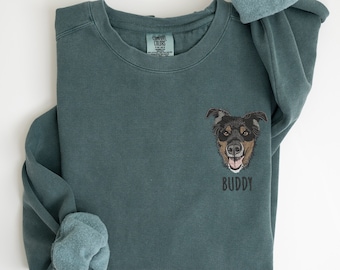 Custom EMBROIDERED Pet Portrait Comfort Colors Sweatshirt,Custom Pet Gift, Dog Mom Gift, Cat Mom,Pet Memorial,Personalized Dog Embroidery